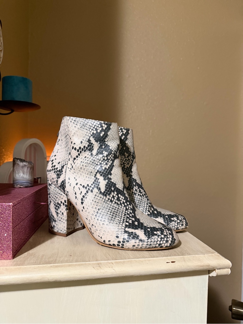 Steve Madden White and Black Snake-Print Block Heel Ankle Boots